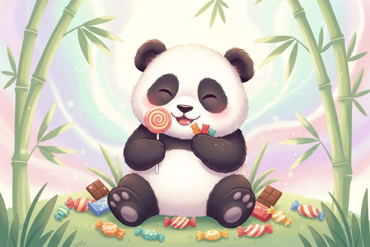 bamboe en een panda aan het snoep met zachte achtertgrond kleuren